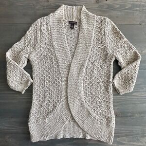 Dana Bachman Open Knit‎ 3/4 Sleeve Cardigan Womens Size XS Beige Cotton Blend